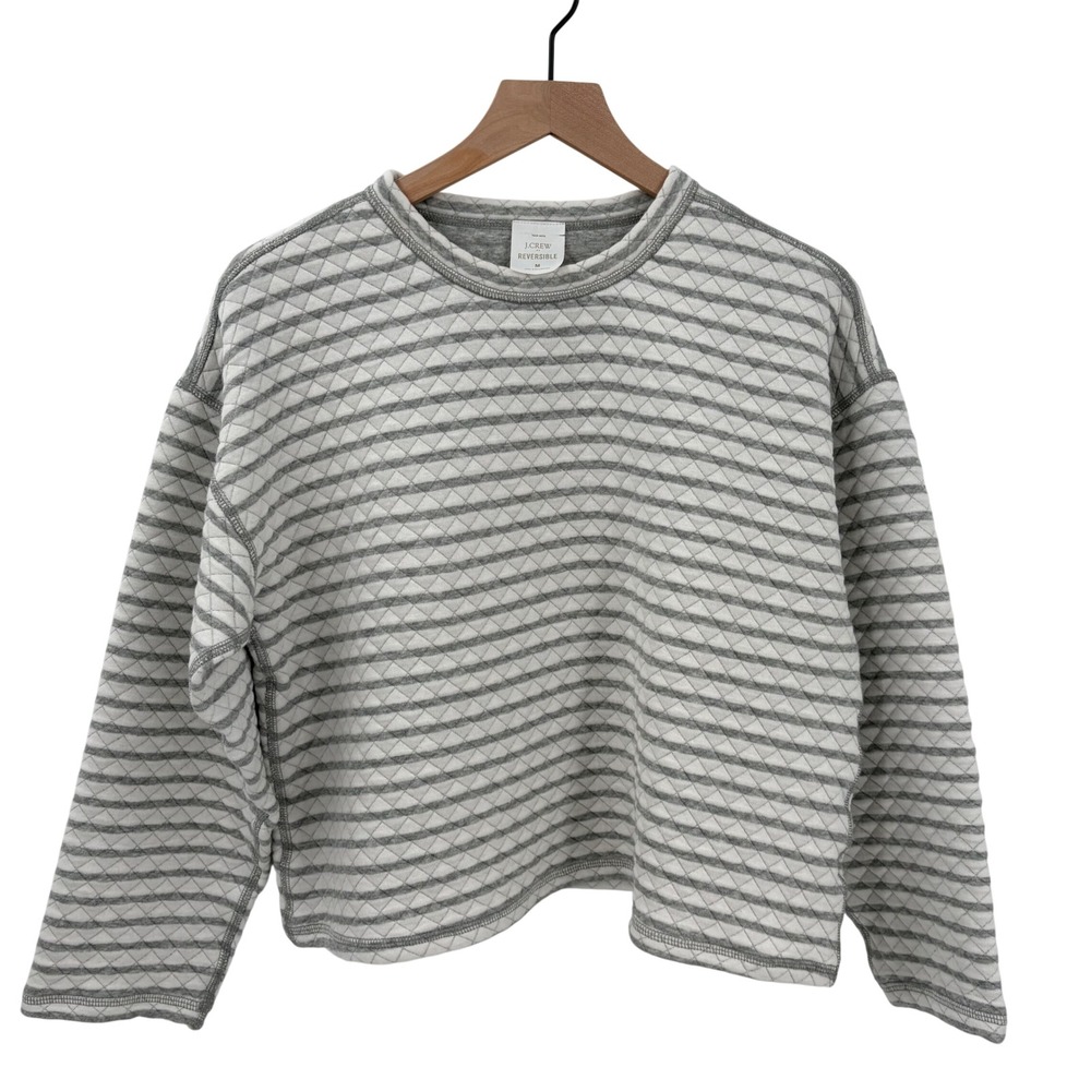 J.Crew Reversible Quilted Sweatshirt Womens Medium Grey White Striped‎ Pullover